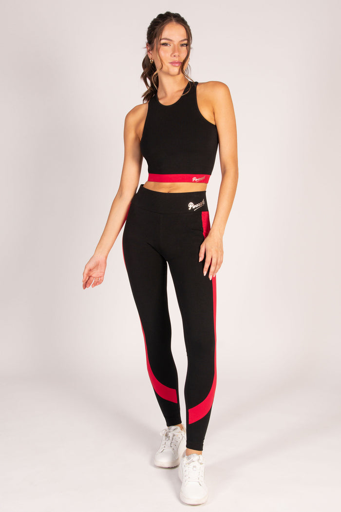 High neckline crop  top in black with red elasticated band in mid-length style.