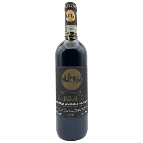 Wine bottle with dark glass and label, 2011 vintage.
