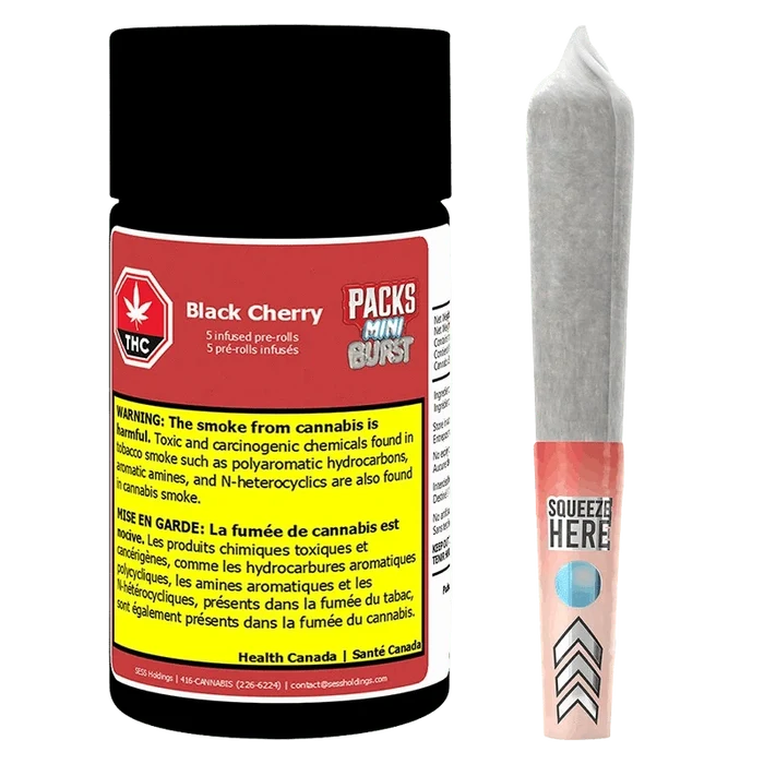 Front-facing shot of the Mini Burst Black Cherry Infused PR 5 x 0.5 g container with bold red label beside a single rolled pre-roll showing a pink "Squeeze Here" band.