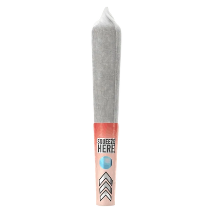 Center-aligned studio shot of a rolled joint with a pink "Squeeze Here" tip labeled Mini Burst Black Cherry Infused PR 5 x 0.5 g.