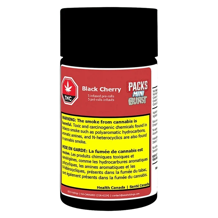 Front-facing product shot of a cylindrical container labeled Mini Burst Black Cherry Infused PR 5 x 0.5 g showing a red top label, prominent yellow warning block, and black screw cap.