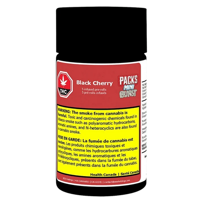 Front-facing product shot of a cylindrical container labeled Mini Burst Black Cherry Infused PR 5 x 0.5 g showing a red top label, prominent yellow warning block, and black screw cap.
