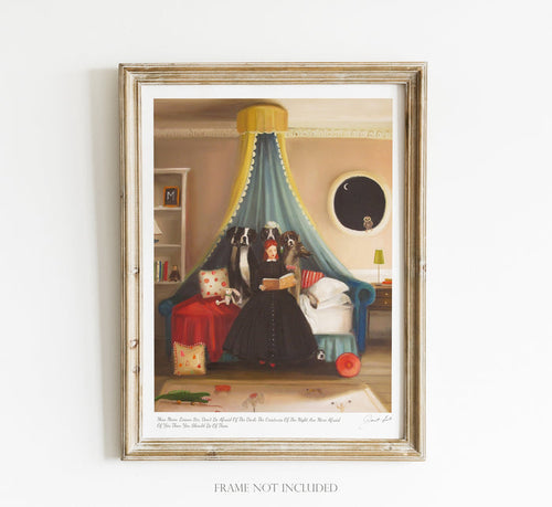 A framed Miss Moon Lesson Six Small Art Print by Janet Hill of a woman sitting on a bed.