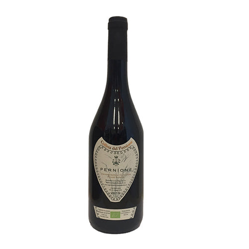 Dark wine bottle with cream label and green seal