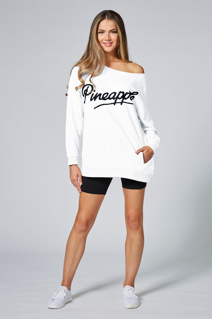 Woman wearing Pineapple Monster White Long Sleeve Sweatshirt