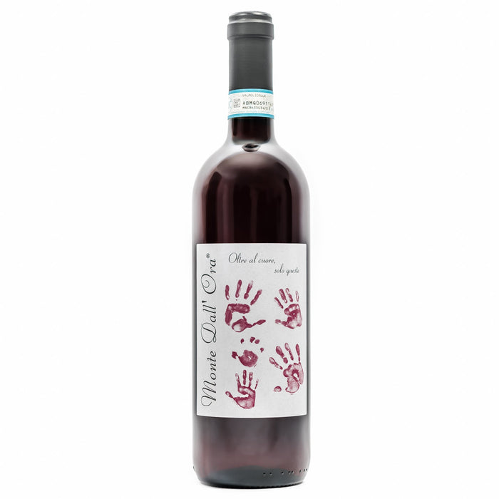 Monte Dall'Ora Classico 2020 wine bottle, dark glass, hands-illustration label