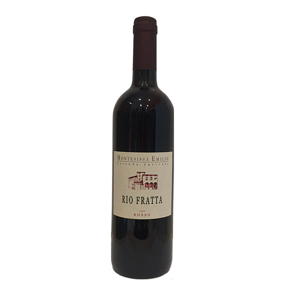 Red wine bottle with dark glass and cream label reading Rio Fratta Rosso