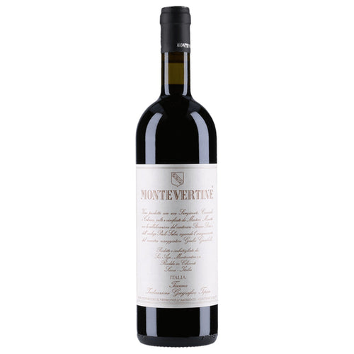 Montevertine wine bottle with dark glass and black screw cap.