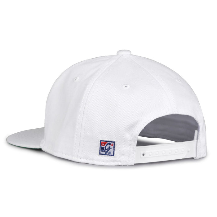 Navy Retro Bar snapback hat in white, rear view showing the adjustable snap closure