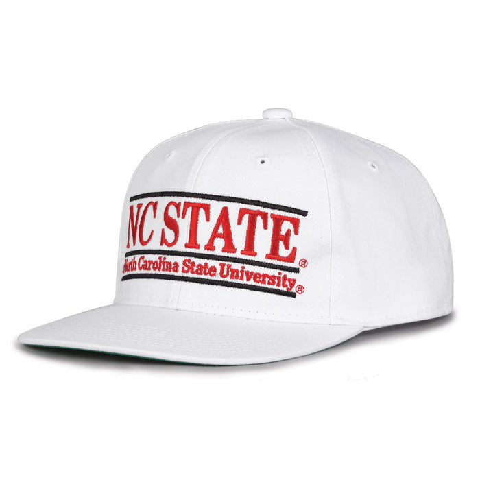 NC State Retro Bar snapback hat in white, angled view