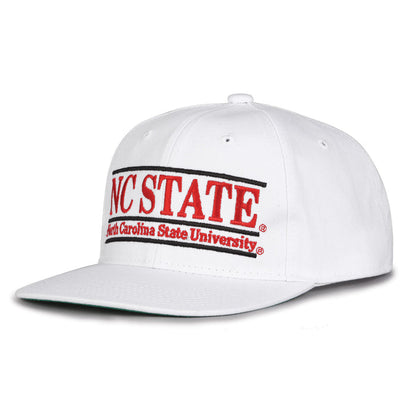 NC State Retro Bar snapback hat in white, angled view