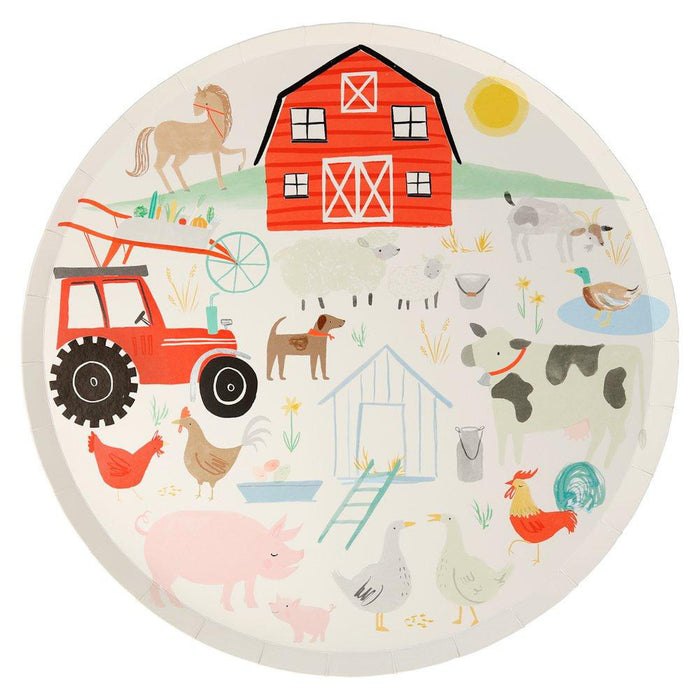 A colorful paper dinner plate with an illustration of a farmyard scene, including a red barn, tractor, and various farm animals.