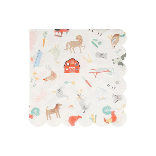 A pack of eco-friendly paper napkins with a farmyard theme, featuring various farm animals, a barn, and neon print details.