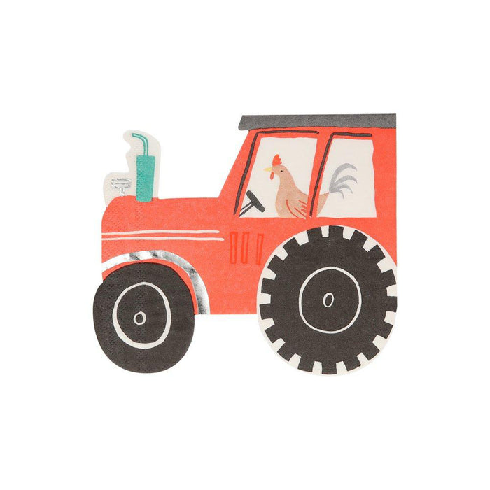 A colorful paper napkin with a large red tractor and a rooster design.