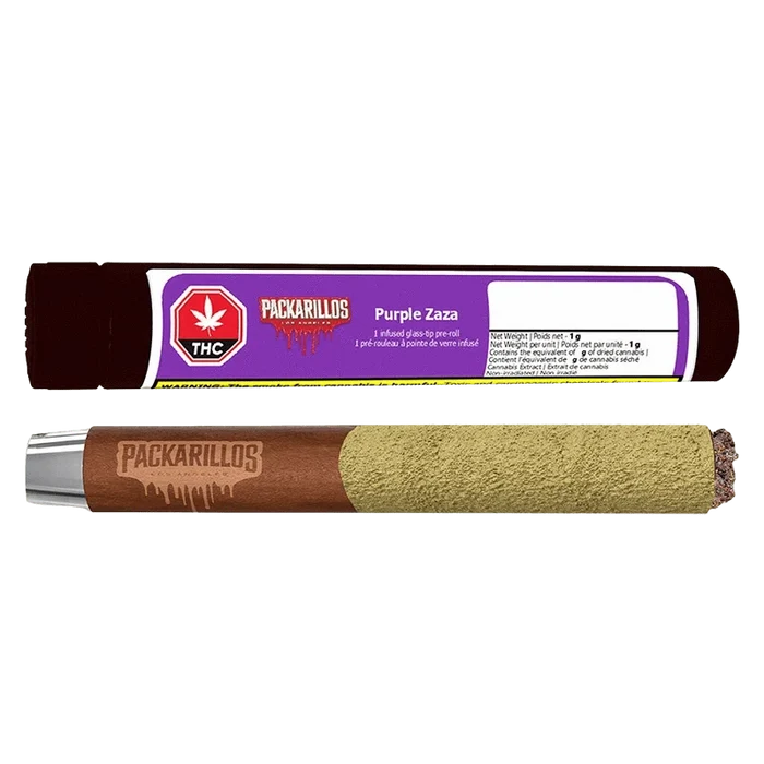 Top-down view of the Packarillos Purple Zaza Infused PR 1 x 1 g pre-roll and its purple-labeled tube, the brown wrapped joint showing a stamped logo and greenish kief coating.