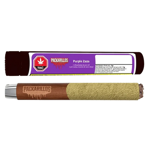 Top-down view of the Packarillos Purple Zaza Infused PR 1 x 1 g pre-roll and its purple-labeled tube, the brown wrapped joint showing a stamped logo and greenish kief coating.