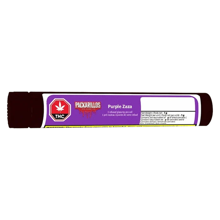 Close-up of a horizontal Packarillos Purple Zaza Infused PR 1 x 1 g cartridge tube with purple label, THC logo, and white info box on a white background