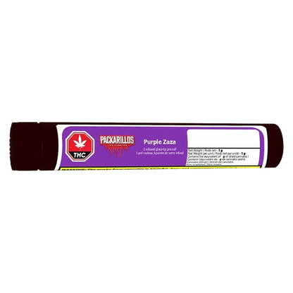 Close-up of a horizontal Packarillos Purple Zaza Infused PR 1 x 1 g cartridge tube with purple label, THC logo, and white info box on a white background