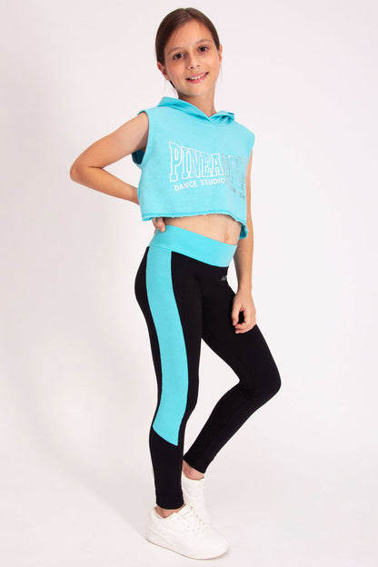 Light blue and black dance outfit for girls featuring cotton-rich panel leggings and crop hoodie.