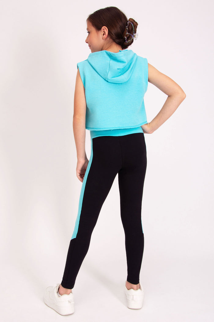 Teen black leggings decorated with light blue waistband and side panels designed by Pineapple Dance Studios