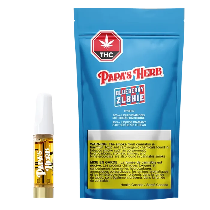 Front-facing shot of the Papa's Herb Blueberry Zlshie Liquid Diamond Vape Cartridge pouch and visible 0.95 g cartridge against a white background.