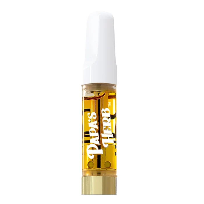 Center-frontal view of a filled cartridge labeled Papas Herb Blueberry Zlshie Liquid Diamond Vape Cartridge with a white mouthpiece and gold-toned liquid.