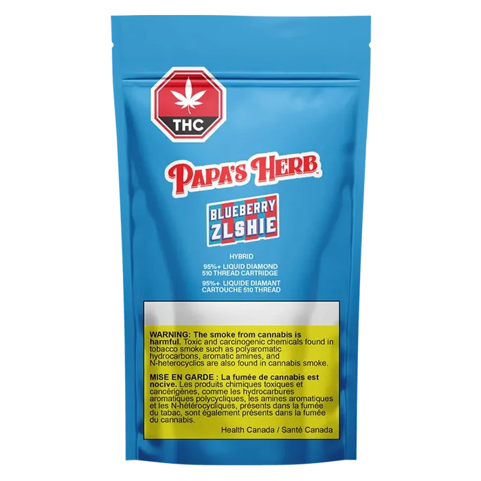 Front-facing blue foil pouch showing the Papa's Herb Blueberry Zlshie Liquid Diamond Vape Cartridge branding, THC symbol, and a yellow health warning panel.