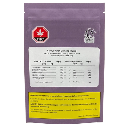 Front-facing shot of the purple pouch labeled "Papaya Punch Diamond Infused PR 5 x 0.5 g" showing a nutrition-style white panel and yellow warning box.
