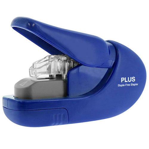 Blue staple-free stapler on a white background