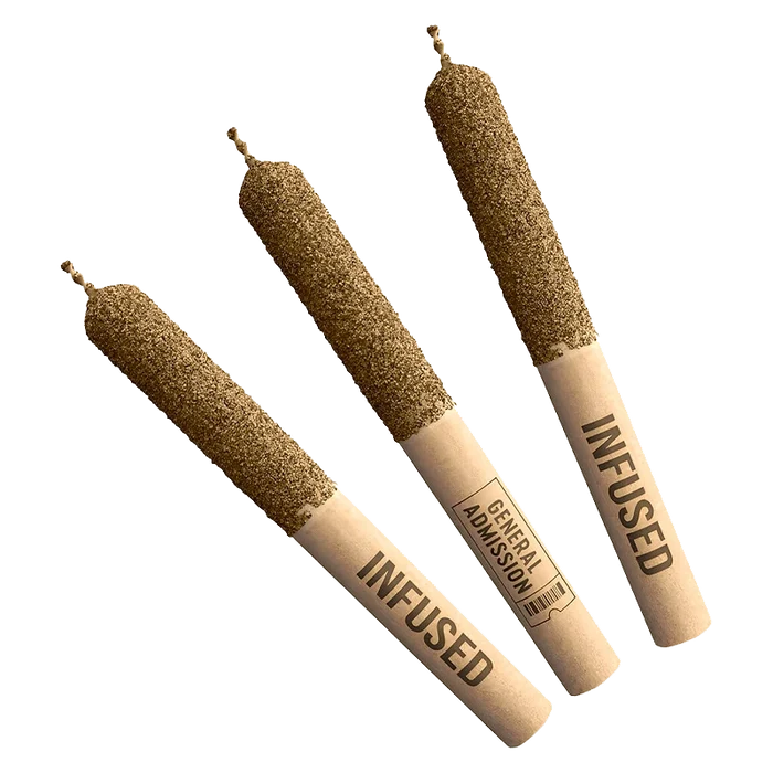 Three angled Peach Rizz Diamond Infused PR 3 x 0.5 g joints with textured, kief-coated tips and paper sleeves labeled "INFUSED" on a transparent background