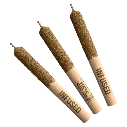 Three angled Peach Rizz Diamond Infused PR 3 x 0.5 g joints with textured, kief-coated tips and paper sleeves labeled "INFUSED" on a transparent background