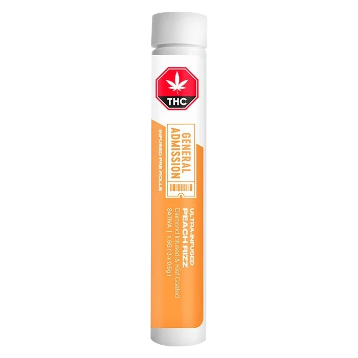 Vertical front view of a white tube labeled Peach Rizz Diamond Infused PR 3 x 0.5 g with orange "General Admission" graphics.