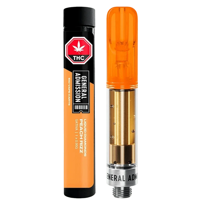 Close-up front view of a Peach Rizz Liquid Diamond Blend Vape Cartridge beside its orange-and-black tube, both shown upright against a white background.