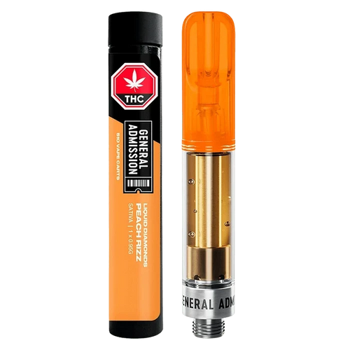 Close-up front view of a Peach Rizz Liquid Diamond Blend Vape Cartridge beside its orange-and-black tube, both shown upright against a white background.