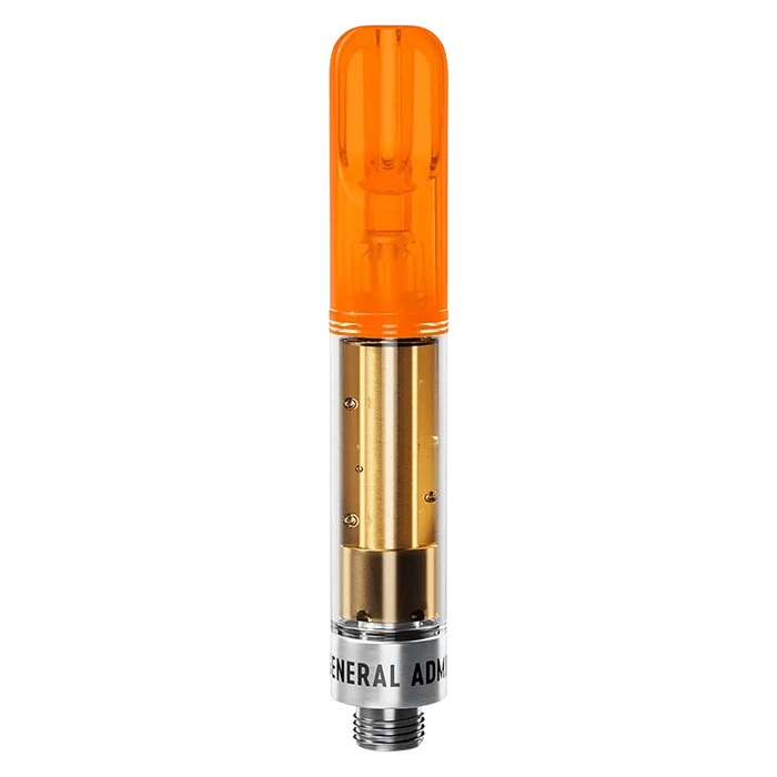 Straight-on studio shot of a Peach Rizz Liquid Diamond Blend Vape Cartridge showing its orange mouthpiece, clear tank, and gold inner chamber.