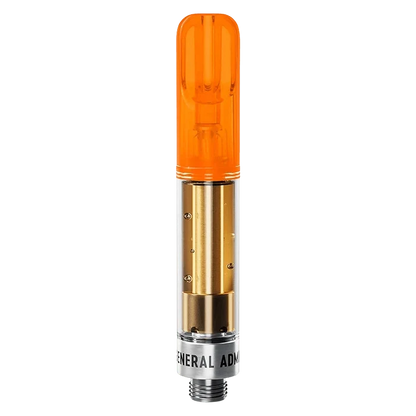 Straight-on studio shot of a Peach Rizz Liquid Diamond Blend Vape Cartridge showing its orange mouthpiece, clear tank, and gold inner chamber.