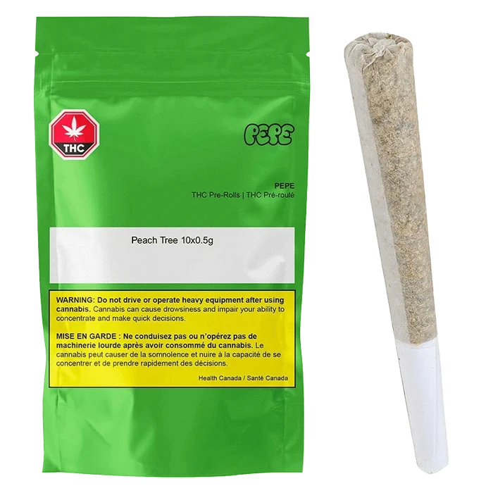 Green flat-lay photo of a sealed green pouch and a single cone pre-roll, labeled "Peach Tree PR 10 x 0.5 g" on the pouch.