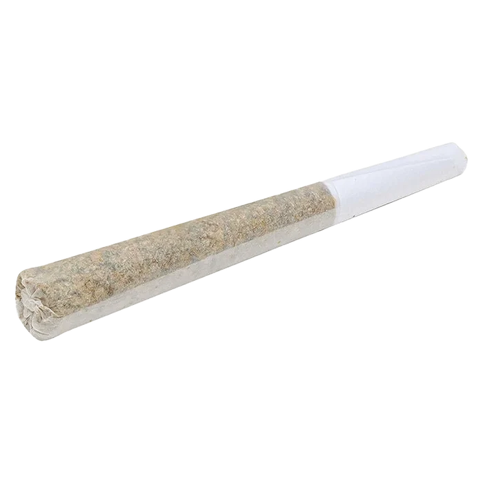 Angled close-up of a rolled joint against a white background labeled Peach Tree PR 10 x 0.5 g showing the paper twist at the tip and white filter end