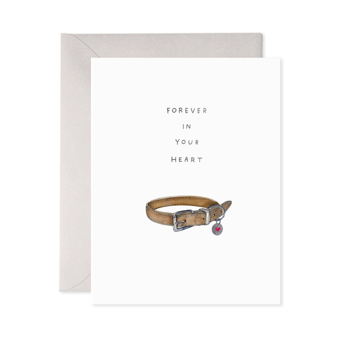 Card with a dog collar illustration and 'Forever in Your Heart' text on a white background.