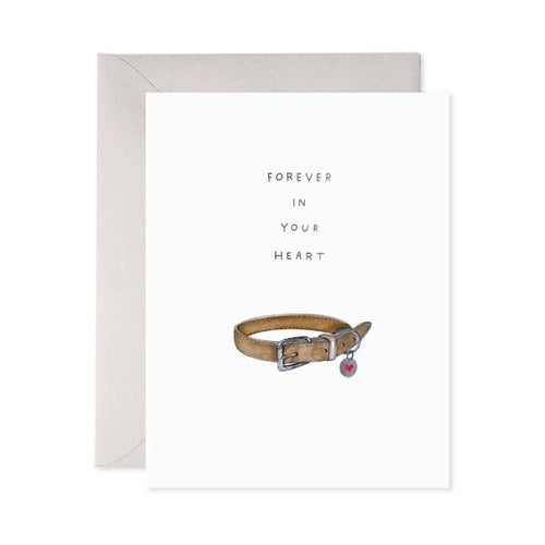 Card with a dog collar illustration and 'Forever in Your Heart' text on a white background.