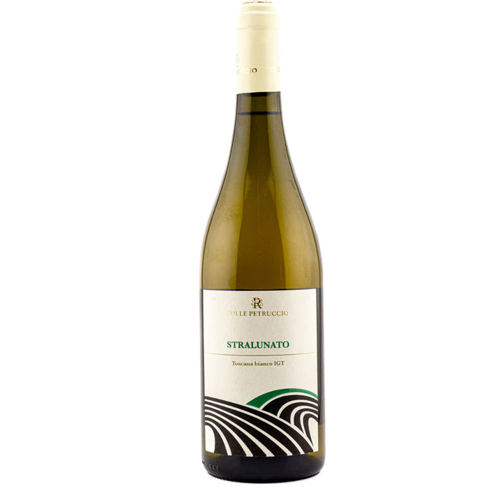 Petruccio Stralunato wine bottle with pale straw liquid and cream label
