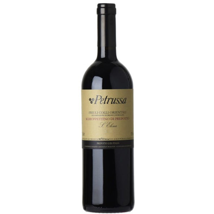 Petrussa red wine bottle with black foil cap and cream label