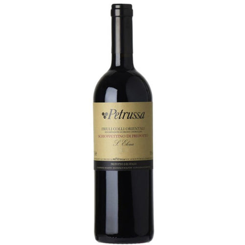 Petrussa red wine bottle with black foil cap and cream label