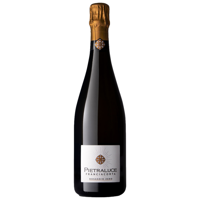 Pietraluce Franciacorta Dosaggio Zero sparkling wine bottle with gold foil and label