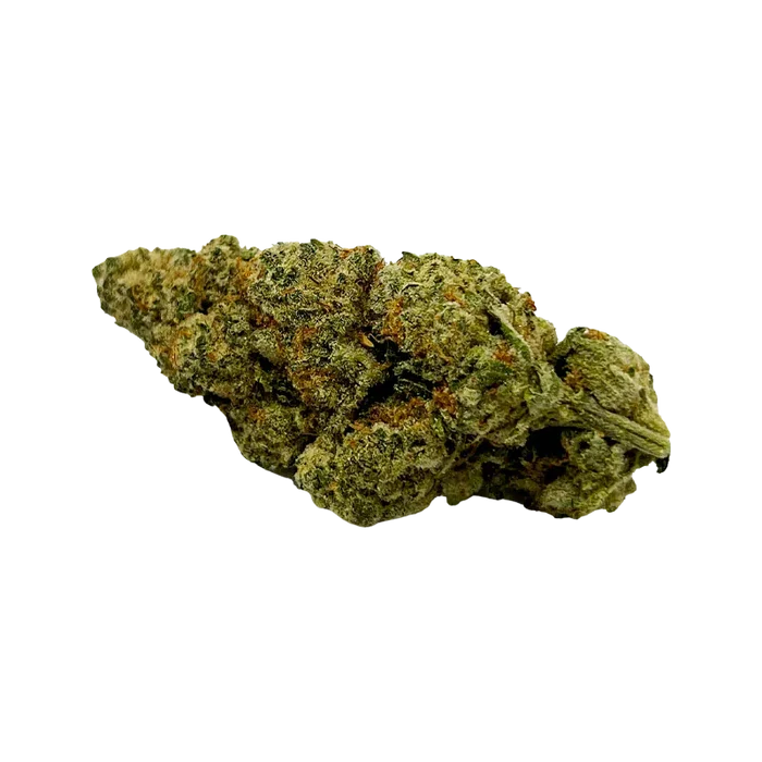 Close-up side view of a single green and orange trichome-covered bud labeled PineappleX against a plain white background.