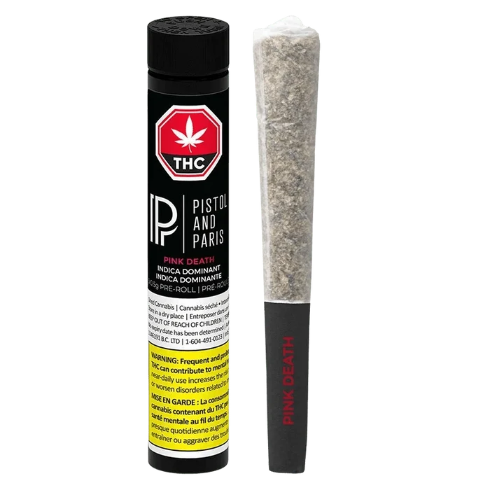 Vertical product shot showing a black tube and pre-roll side by side, labeled Pink Death PR 3 x 0.5 g on the tube and the pre-roll tip.