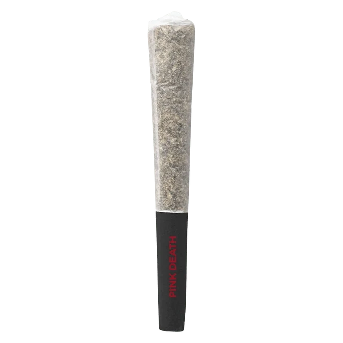 Center-aligned close-up of a rolled joint with a black tip stamped "PINK DEATH" reading vertically, labeled Pink Death PR 3 x 0.5 g.