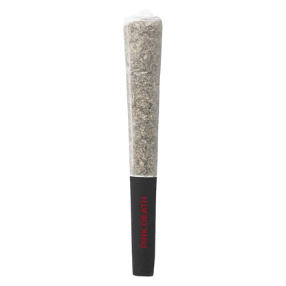 Center-aligned close-up of a rolled joint with a black tip stamped "PINK DEATH" reading vertically, labeled Pink Death PR 3 x 0.5 g.