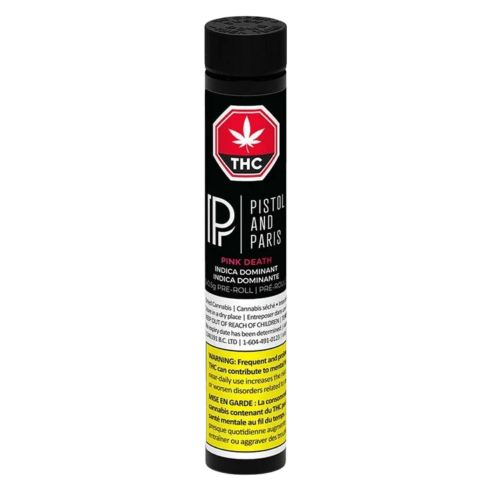 Tall front-facing black tube labeled "Pink Death PR 3 x 0.5 g" with a red THC stop sign logo and yellow warning panel.