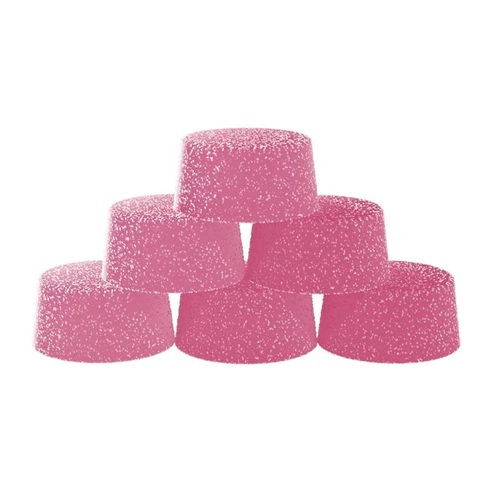 Stacked front view of six pink, sugar-coated Pink Lemonade Creamsicle Live Resin THC:CBD Gummies arranged like small rounded domes.